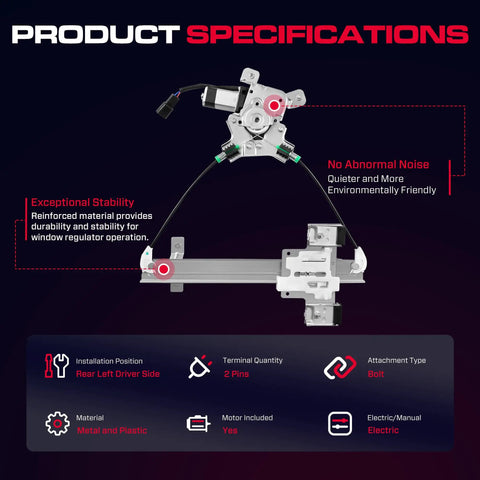 Rear Driver Side Power Window Regulator With Motor 2 Pins For 2007 To 2014 Cadillac Escalade Chevrolet Tahoe GMC Yukon Replacement Part Easy Install Plug And Play Durable Window Lift DIY Friendly, metal and plastic