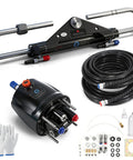 Beefed Up 150HP Outboard Hydraulic Steering Kit With Hydraulic Pump Cylinder Two 26 Foot Nylon Hoses And Plug And Play Installation Accessories For Smooth Responsive Boat Handling, displayed with components and tools