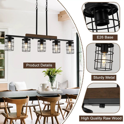 36 Inch Rustic Farmhouse Kitchen Light Fixture With Black Matte Finish, Adjustable Height 5 Light Chandelier In Dining Area
