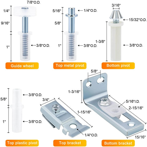 Diagram of Two Pack Bifold Door Hardware Repair Kit With Top And Bottom Brackets Pivots And Spring Loaded Guide Wheel components