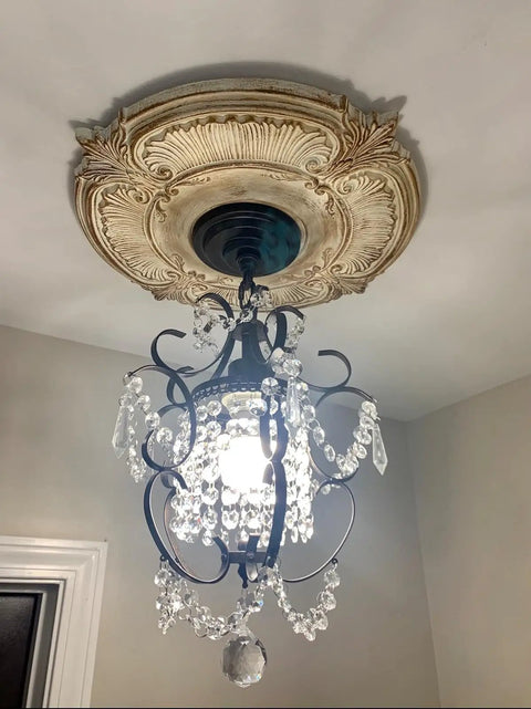 Chic Mini Bronze Chandelier 1 Light 11 Inch Crystal Ceiling Fixture with ornate decorative ceiling mount in elegant room.