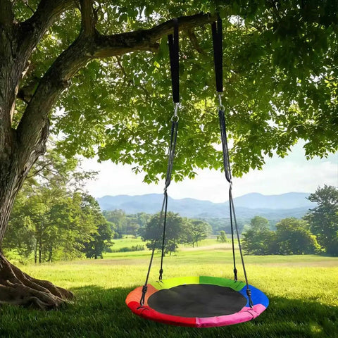 Ultra Strong Saucer Swing 40 Inch For Backyard Fun hanging from tree, multi-colored 900D Oxford Waterproof Seat, green landscape