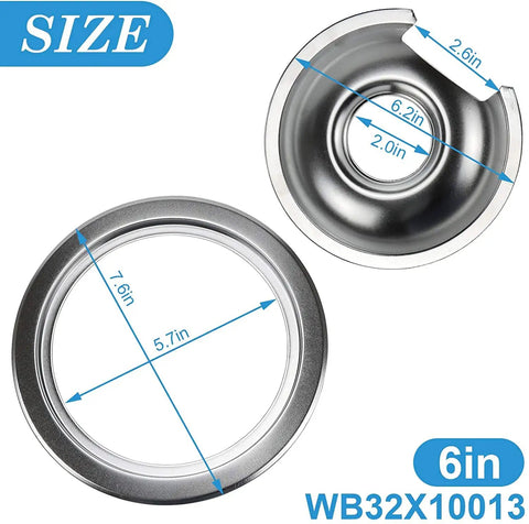 6 inch drip pans with size measurements for Go To Chrome Burner Drip Pan Set 4 Pack For 6 Inch And 8 Inch Electric Stove Tops Includes 2 Small 6 Inch Drip Pans And 2 Large 8 Inch Pans With Rings Replacement For WB32X10012 WB32X10013
