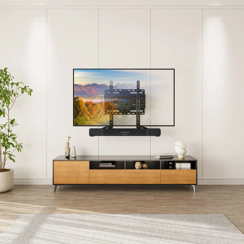 Reliable Soundbar Wall Mount Bracket supports up to fifteen pounds, clipped onto a TV mount for a clean VESA setup.