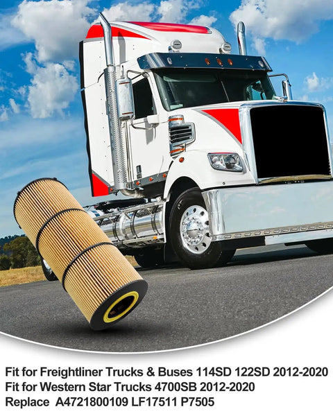 Oil Filter 6 Pack Fits Freightliner Cascadia 114SD 122SD And Western Star 4700SB 4700SF 4900FA 2009 To 2020 next to truck