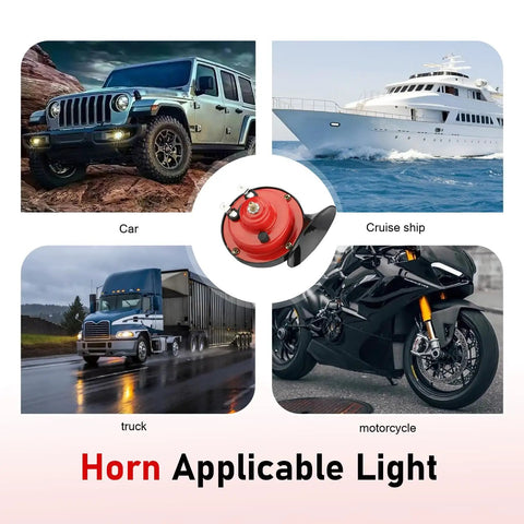 Beefed Up Ultra Loud 300DB Snail Train Horn Kit 12V shown with car, cruise ship, truck, and motorcycle for universal use