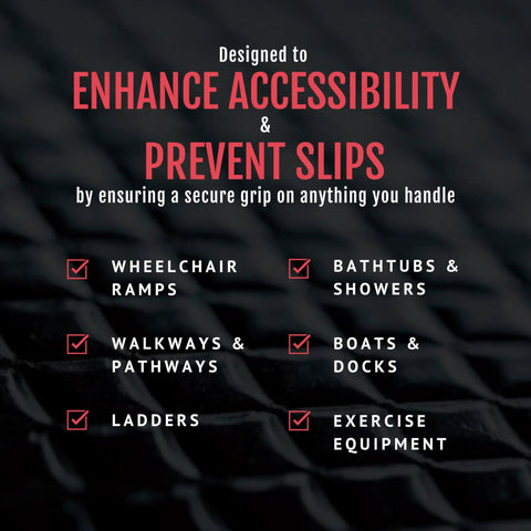 Text describing uses for 2 Inch Heavy Duty Non Slip Grip Tape Roll Grippy Waterproof Anti Slip Tape For Bathtubs Stairs Ramps Indoors Outdoors Black 10 Ft Non Abrasive Traction Tape.