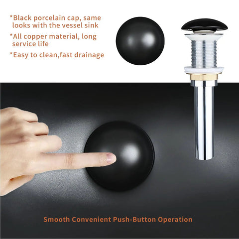 Close-up of pop up drain from Large Matte Black Oval Vessel Sink With Gold Trim And Pop Up Drain For Above Counter Bathroom Use