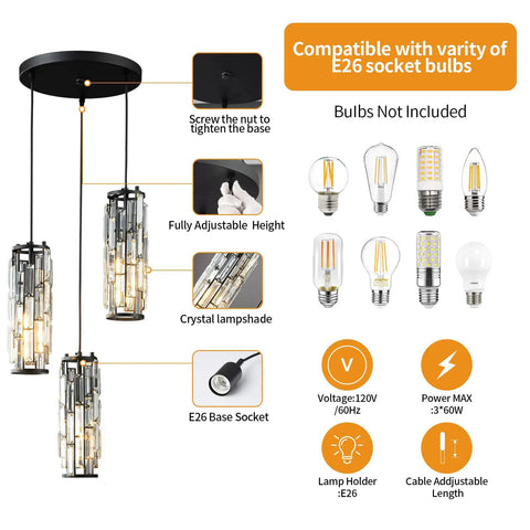 Diagram of Three Light Black Pendant Light With Crystal Accents showing components and bulb compatibility. Adjustable pendant fixture.