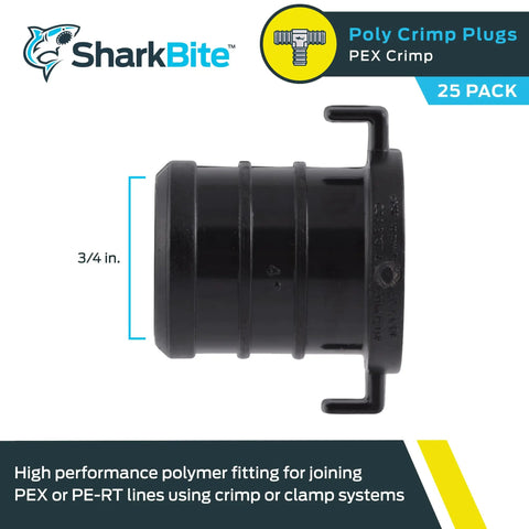 3/4 Inch Poly Crimp Plug For PEX Pipe And PE-RT, Pack Of 25, black polymer plug side view