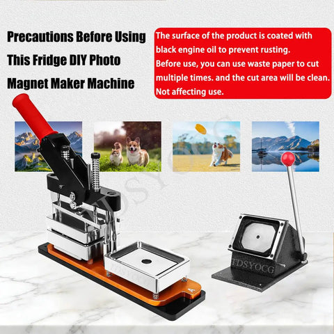 DIY Fridge Magnet Maker Kit with 2x2 2x3 2.5x2.5 2.5x3.5 sizes, built-in press, paper cutter, images, and metal body.