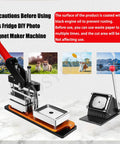 DIY Fridge Magnet Maker Kit turning photos into custom refrigerator magnets with included press and paper cutter displayed on table.