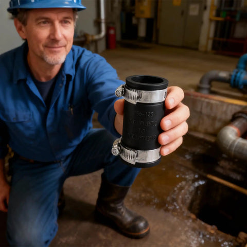One And A Half Inch Flexible PVC Pipe Coupling With Stainless Steel Clamp displayed by a worker in industrial setting
