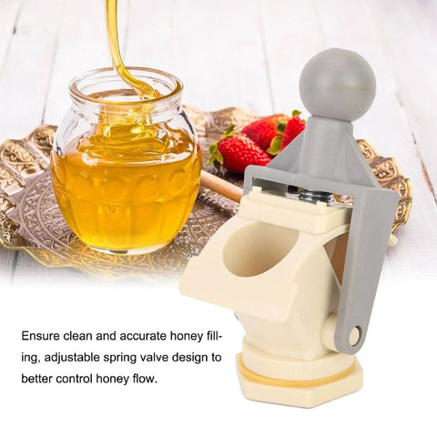 Ergonomic Honey Gate Valve with Ball Handle next to a jar of honey, demonstrating easy drain and precise fill for beekeeping.