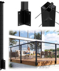 Rock Solid Black Stainless Steel Outer Corner Cable Railing Post For 36 Inch Exterior Deck Systems T304 Metal showing corner mount and cable grommet.
