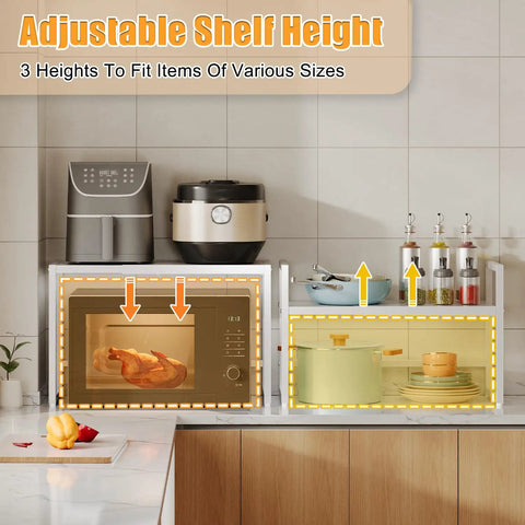 Beefy Expandable Heavy Duty Metal Storage Shelves With 150 Pound Capacity Adjustable Length And Height Fits Kitchen Garage Pantry And Warehouse Storage Rack Organizer For Pots Pans Microwave Small Appliances White under microwave in kitchen