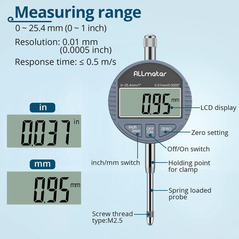 Digital Dial Indicator With Magnetic Base For Precise Measurement 0 To 1 Inch 25.4 mm Up To 70 Kg Pull Strength Large LCD Display