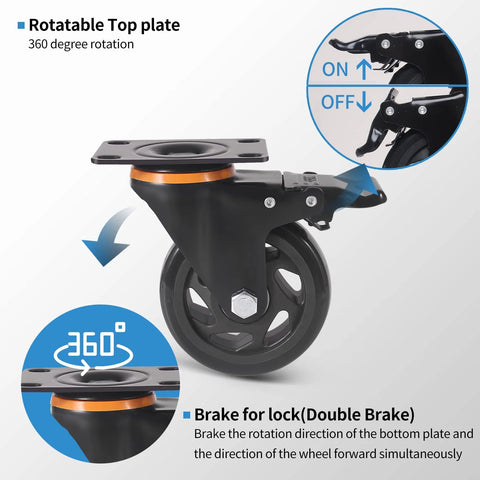 5-inch swivel caster wheel with mounting plate, black polyurethane wheel, dual brake, set of 4