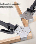 Heavy Duty Stainless Steel Right Angle Corner Clamp For Woodworking 90 Degree Clamp With Quick Fix Press Handle attached to wood corners