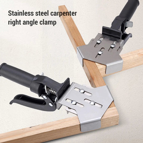Built Tough Right Angle Corner Clamp For Woodworking, Heavy Duty Stainless Steel 90 Degree Clamp installed on wood corners