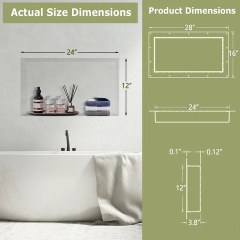 Diagram of Tile Ready Recessed Shower Niche 16x28 Outer, 24x12 Inner, Single Shelf with dimensions