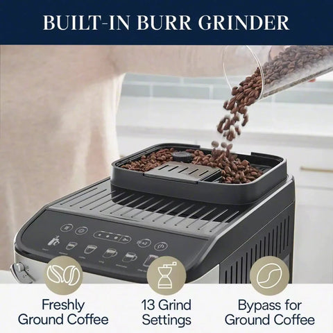 Magnifica Evo Automatic Espresso And Coffee Machine With Built In Grinder And Auto Clean Function Manual Milk Frother Delivers Latte Cappuccino Americano And Iced Coffee With Five One Touch Drinks showing coffee beans being poured into the grinder.