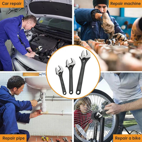 Ridiculously Handy 3-Piece Adjustable Wrench Set With 6, 8, And 10 Inch Wide Jaw Great For Auto Repairs, Plumbing, And Home Fixes