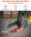 VEVOR Full Electric Pallet Stacker With 3300 Lb Load Capacity And 130 In Max Lifting Height in warehouse, showing 55.1 inch turning radius.