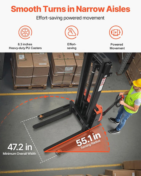 VEVOR Full Electric Pallet Stacker With 3300 Lb Load Capacity And 130 In Max Lifting Height in warehouse, showing 55.1 inch turning radius.
