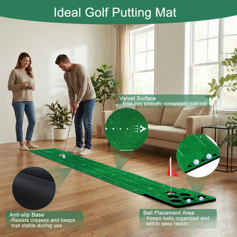 Indoor Golf Putting Mat With Premium Velvet Surface And Anti Slip Base for home practice, featuring distance markers and easy setup.