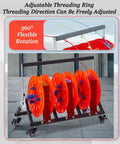 Rugged Pro Grade Wire Spool Rack On Wheels For Electrical And Garage Use, showcasing orange spools and adjustable threading ring