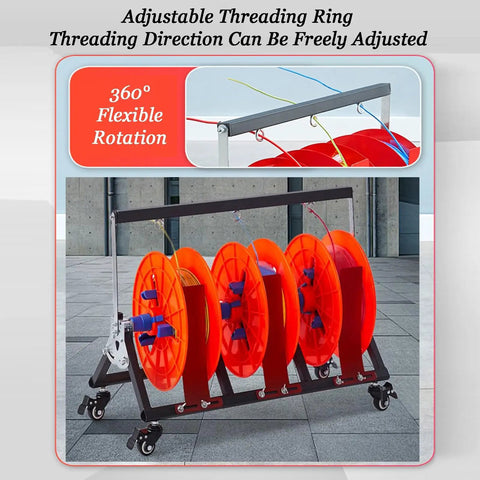 Rugged Pro Grade Wire Spool Rack On Wheels For Electrical And Garage Use, showcasing orange spools and adjustable threading ring