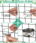 Installation steps for stainless steel bird cage feeding bowls with clamps.