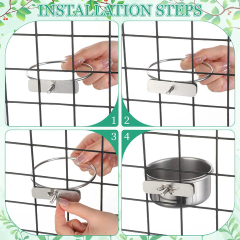 Installation steps for stainless steel bird cage feeding bowls with clamps.
