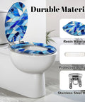 Elongated Blue Stained Glass Effect Abstract Mosaic Flowing Toilet Seat with resin material and stainless steel hinge.