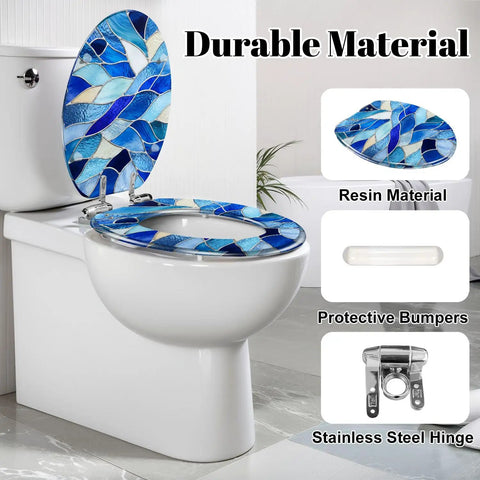 Elongated Blue Stained Glass Effect Abstract Mosaic Flowing Toilet Seat with resin material and stainless steel hinge.