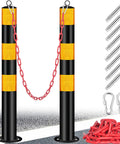 Rock Hard Steel Bollards 37 Inch with Glowing Reflective Tape and red chain for parking lot vehicle separation.