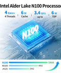 Intel N100 processor image showcasing quad-core performance with specifications for Quiet Fanless Mini Pc With Intel N100 Quad Core Chip For Home Network Firewalls And Routers Delivers Ddr5 Speed QuadPort2Point5Gbe Ethernet Opnsense Ready No Sweat Operation.