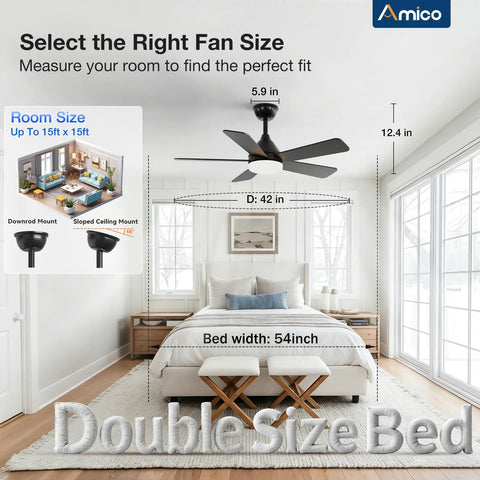 42 Inch Black Ceiling Fan With Light Kit Remote Control Reversible Blades 3CCT Dimmable Lights in a bedroom setting.