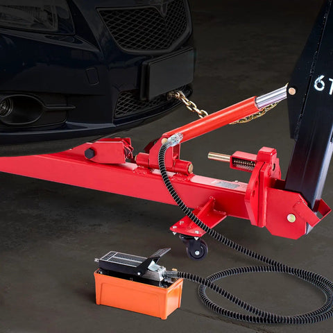 6T Auto Body Frame Puller Straightener with 3T Airbag Jack and 6000 PSI Hydraulic Foot Pump in action on a car bumper