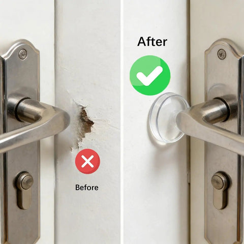 Before and after showing 12 Piece Cabinet Door Stopper Kit And Fridge Bumper Pads, clear silicone bumpers protecting door.