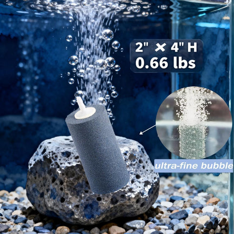 Six Pack Large 4 By 2 Inch Round Air Stones For Aquarium And Hydroponics in a tank, on rocks, releasing bubbles.