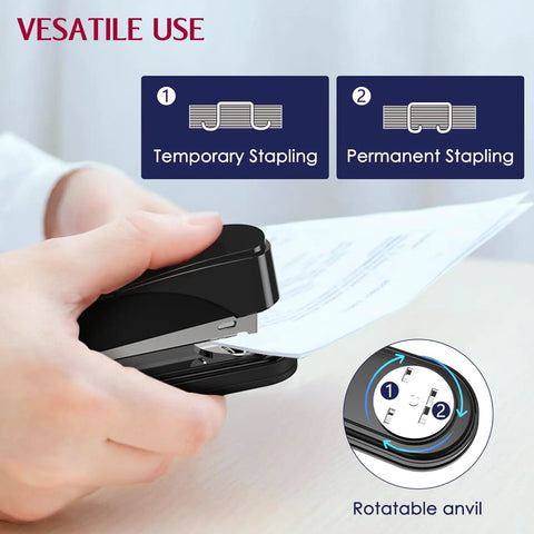 Beefy Heavy Duty Metal Stapler 50 Sheet Capacity With 1750 Staples And Stapler Remover Full Strip Desk Stapler No Jam Non Slip For Office And Classroom Black in use for paper stapling with a rotatable anvil.