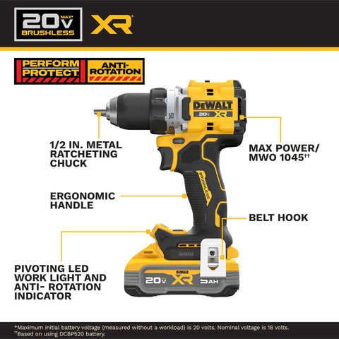 Heavy Hitter 20V Max Brushless Cordless Drill Driver with 1/2 inch chuck, ergonomic handle and LED light for home repair.