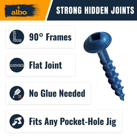 Beefy No. 8 X 1 Pocket Hole Screws, Zinc Coated Carbon Steel, Square Drive Wood Fasteners, strong joinery features displayed.