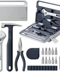 16 Piece Home Tool Kit With Storage Box Essential Hand Tools Set Including Screwdriver Wrench Hammer Tape Measure Pliers Great For Home Garage Office Dorm Repairs And DIY Projects, showing tools and blue storage case