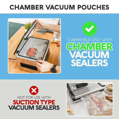 Image showing compatibility of Go To Pro Grade Vacuum Sealer Bags with chamber vacuum sealers, not suction type.