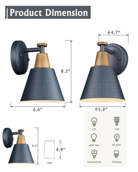 Modern Wall Sconce Set of 2 With Hammered Metal Shade in Dark Blue, E26 Base Compatible, showing dimensions and bulb info.