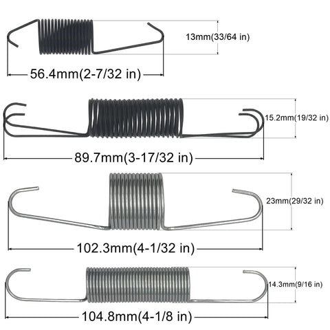 Throttle Return Spring Kit Universal Fit 9 Piece Assortment showing four springs in different sizes with measurements.
