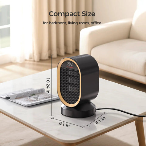 Indoor Space Heater 1500W Ceramic PTC With Thermostat And 24Hour Timer on a table in living room, compact black design